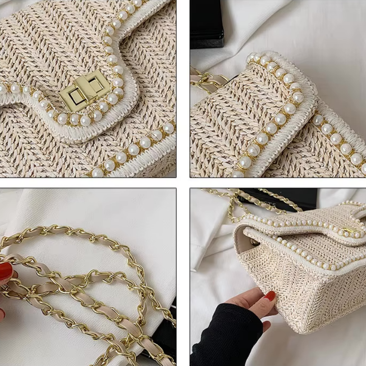 Baili Luxe Rieten Schoudertas met Elegant Pareldetails for a Stijlvolle Look