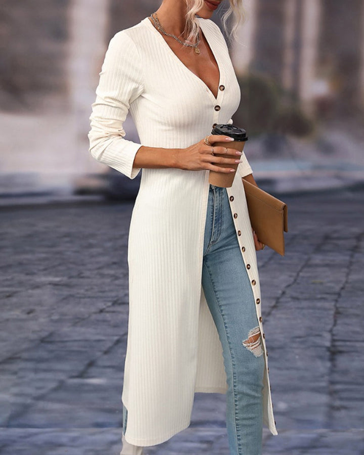 Stilvolle und elegante lange Strickjacke mit Knöpfen für Frauen - perfekt für Herbst und Winter