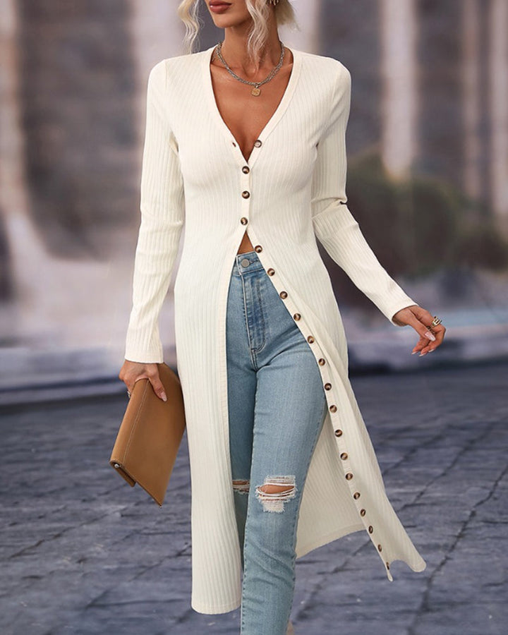 Stilvolle und elegante lange Strickjacke mit Knöpfen für Frauen - perfekt für Herbst und Winter