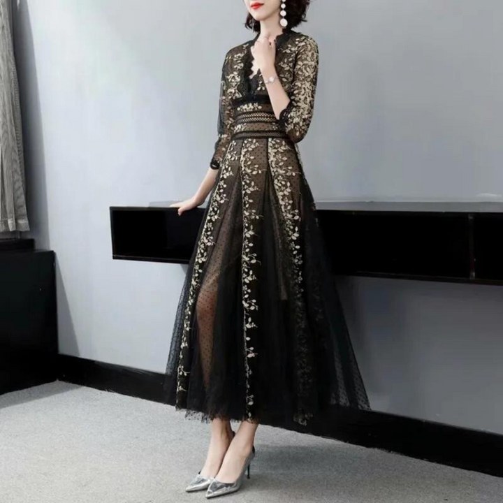 Eleanora - Stilvolle V-Ausschnitt Kleid mit Eleganten Akzenten