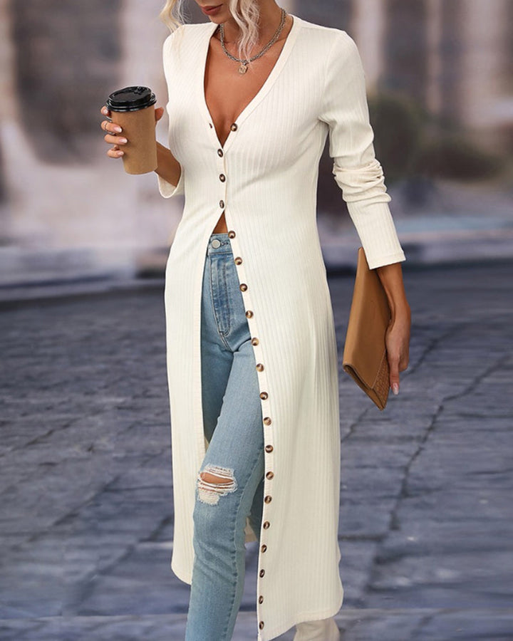 Stilvolle und elegante lange Strickjacke mit Knöpfen für Frauen - perfekt für Herbst und Winter